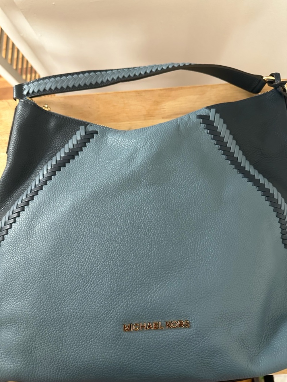 Michael Kors Blue-Green Leather Shoulder Hobo with Black Trim